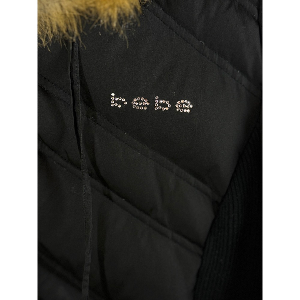 Bebe Women XL Black Puffer Jacket Faux Fur Hood Quilted Rhinestone Y2K Coat - Picture 5 of 10